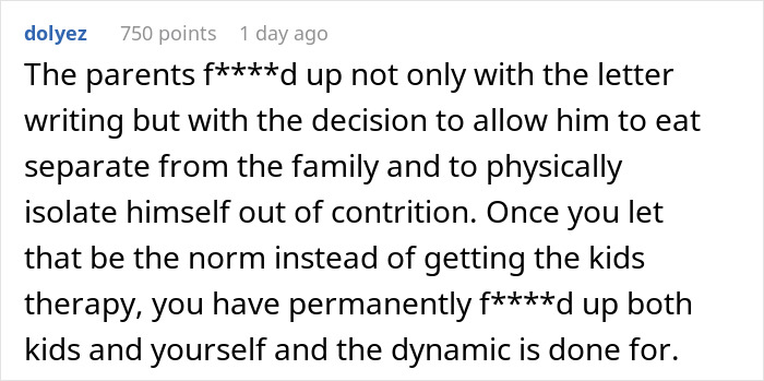 A comment detailing how parents failed to address the violent fight and family isolation, affecting both children.