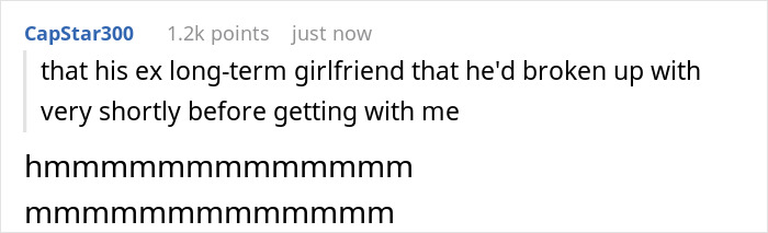A screenshot of a comment saying hmmmmmm, relating to a guy's ex-girlfriend with red hair.