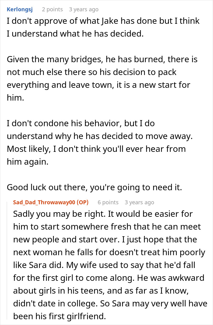 Reddit comments on the son's decision to leave town after stealing a family heirloom, with dad's reply. Reddit comments on the son's decision to leave town after stealing a family heirloom, with dad's reply.