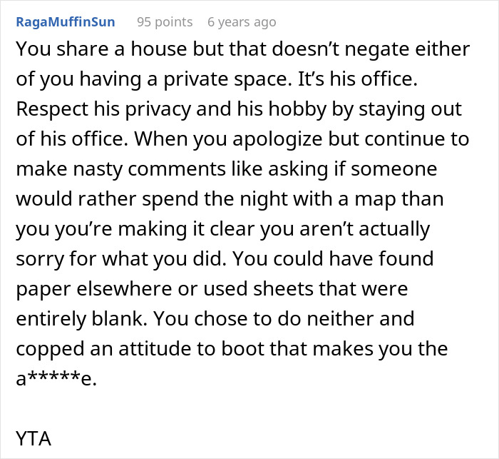 A Reddit comment regarding a woman moving into a guy's house and ignoring his boundaries.
