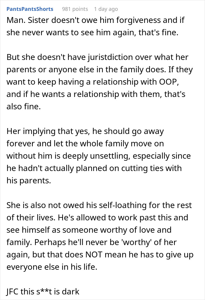 A Reddit comment on the sister's forgiveness after the violent fight with sister, and its impact on the family.