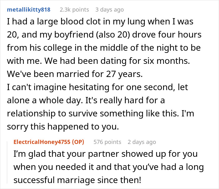 A Reddit comment from metallikitty818 shares their experience of a medical emergency and their boyfriend's immediate support, contrasting it with the fiancés delayed visit. A Reddit comment from metallikitty818 shares their experience of a medical emergency and their boyfriend's immediate support, contrasting it with the fiancés delayed visit.