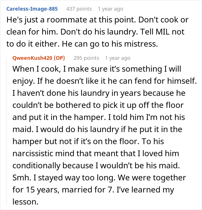 A user comment and OP response about the cheating husband living like a roommate and not getting services from his wife. A user comment and OP response about the cheating husband living like a roommate and not getting services from his wife.