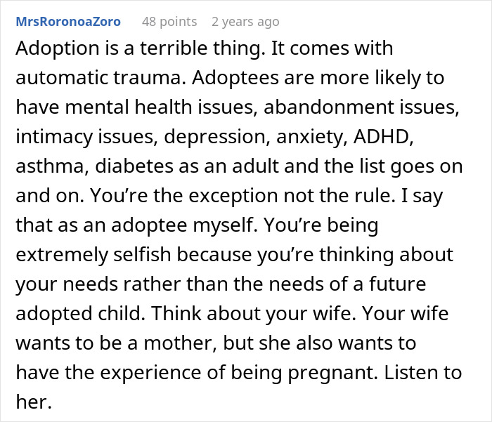 A comment about a man questioning marriage, with a user stating adoption is a terrible thing with automatic trauma.