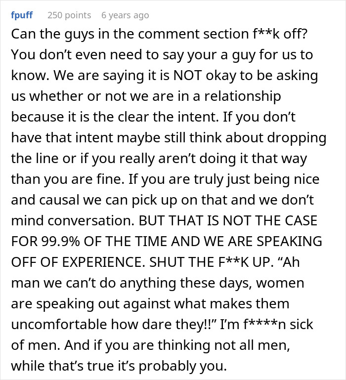 A screenshot of a Reddit comment arguing against men asking women if they are in a relationship, regarding a coworker using a number to ask if shes married or single.
