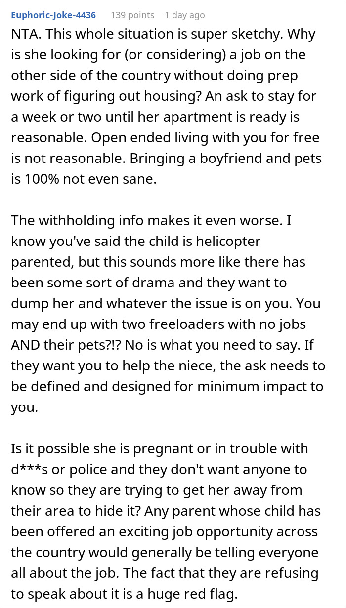 A detailed comment explaining why a couple should not house their 25YO niece, citing red flags. A detailed comment explaining why a couple should not house their 25YO niece, citing red flags.