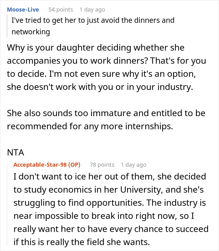 A screenshot of a Reddit comment discussing a dad getting his kids internships, and one kid not thriving. A screenshot of a Reddit comment discussing a dad getting his kids internships, and one kid not thriving.