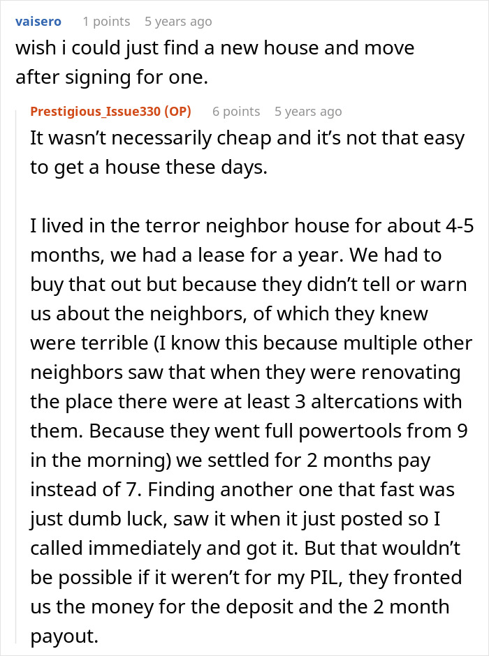 A screenshot showing comments about new parents dealing with a rude neighbor and moving from the terror neighbor house. A screenshot showing comments about new parents dealing with a rude neighbor and moving from the terror neighbor house.