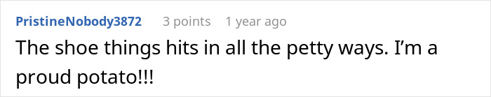 A comment about the shoe revenge being petty, reflecting the ex-husband trying to take her home. A comment about the shoe revenge being petty, reflecting the ex-husband trying to take her home.