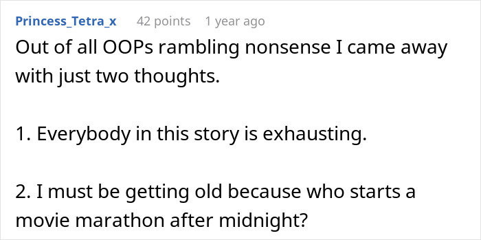 A comment summarizing thoughts on the drama, calling everyone exhausting and questioning a late movie marathon. A comment summarizing thoughts on the drama, calling everyone exhausting and questioning a late movie marathon.