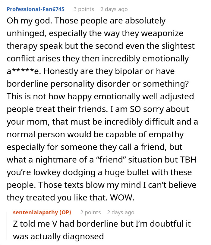 A screenshot showing comments on a friendship dispute, discussing emotional manipulation and the end of a friendship with hurtful messages. A screenshot showing comments on a friendship dispute, discussing emotional manipulation and the end of a friendship with hurtful messages.
