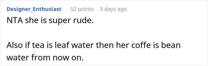 A Reddit comment calling the DIL super rude for her coffee order behavior, matching pettiness.