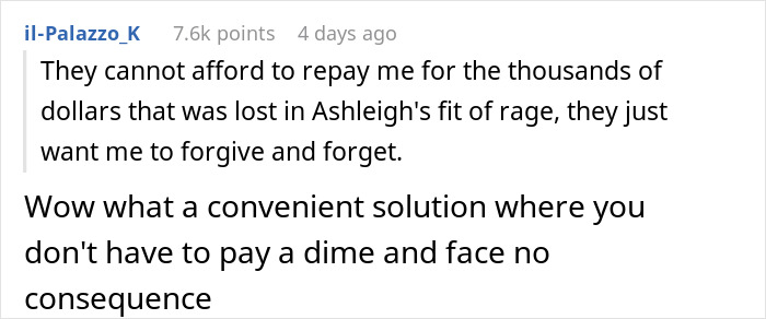 Screenshot of a comment about a destroyed home, a roommate, and unpaid thousands of dollars. Screenshot of a comment about a destroyed home, a roommate, and unpaid thousands of dollars.