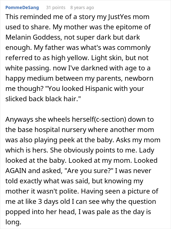 A story about a woman giving birth, dealing with invasive accusations about her baby's appearance from others.