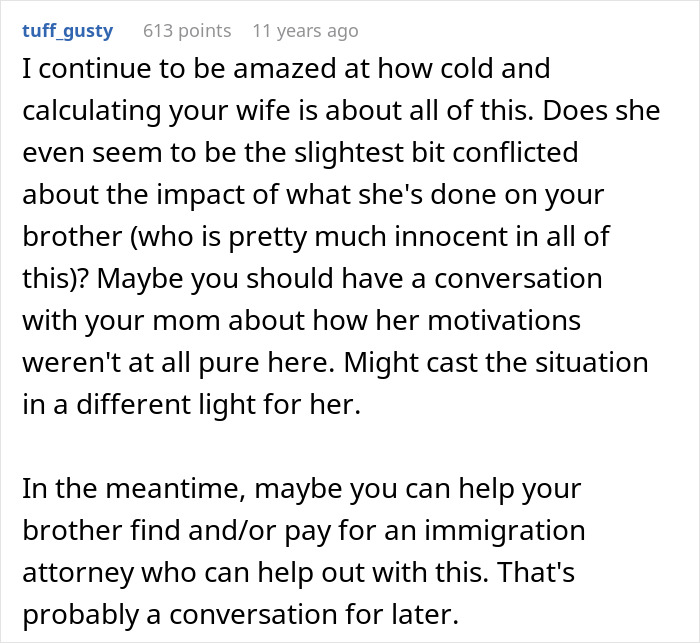 A comment on a story about a wife's jealousy, secret police call, and deportation, suggesting an immigration attorney.