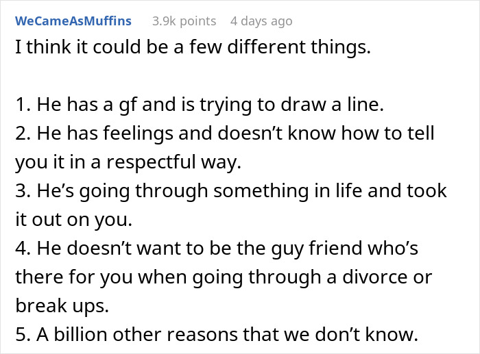 A Reddit comment discussing reasons a bestie pulls away after supporting a woman through divorce. A Reddit comment discussing reasons a bestie pulls away after supporting a woman through divorce.