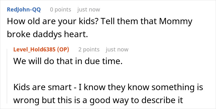 A screenshot showing a comment about a broken marriage, where a user suggests telling kids Mommy broke Daddys heart.