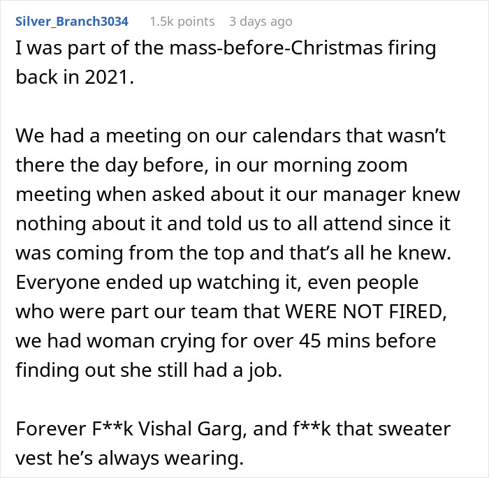 A social media comment from a former worker fired from their job, reflecting on the CEO who fired 900 workers.