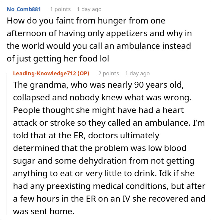 A Reddit comment explaining that a 90-year-old wedding guest collapsed from low blood sugar due to lack of dinner, not a hunger fight. A Reddit comment explaining that a 90-year-old wedding guest collapsed from low blood sugar due to lack of dinner, not a hunger fight.