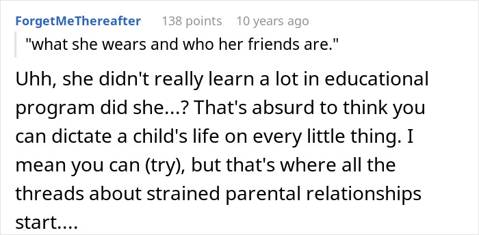 A Reddit comment discussing a mom's control over kid's education and wardrobe rights.