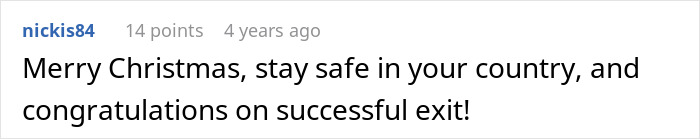 Screenshot of a comment from nickis84 congratulating the woman on her successful exit with the adopted baby. Screenshot of a comment from nickis84 congratulating the woman on her successful exit with the adopted baby.