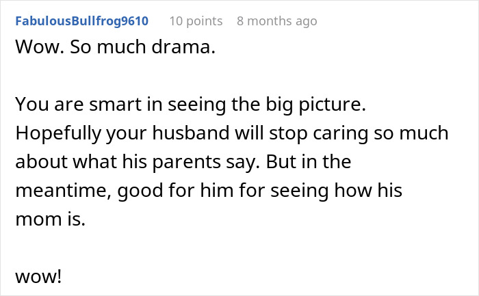 A comment on a wedding dispute about in-laws, expressing sympathy and encouraging the husband to prioritize his wife. A comment on a wedding dispute about in-laws, expressing sympathy and encouraging the husband to prioritize his wife.