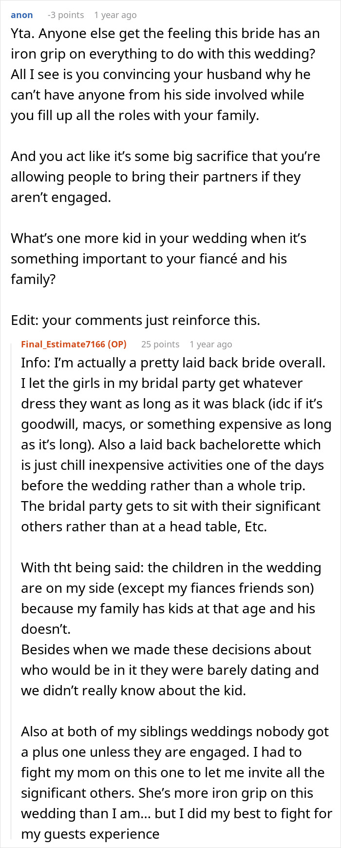 A Reddit comment and reply discussing a bride's control over her wedding and family roles amidst a wedding dispute. A Reddit comment and reply discussing a bride's control over her wedding and family roles amidst a wedding dispute.