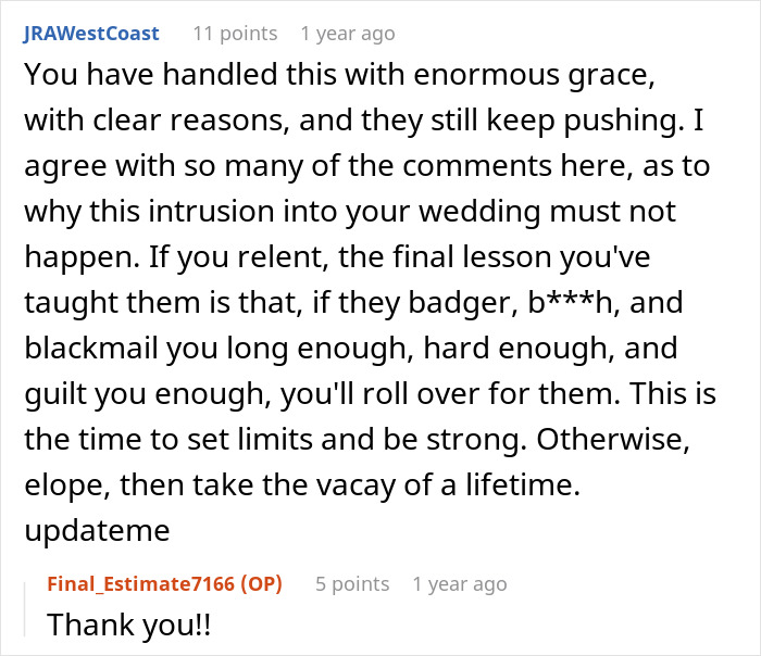 A Reddit comment discussing a wedding dispute, advising setting limits and being strong against in-laws demands. A Reddit comment discussing a wedding dispute, advising setting limits and being strong against in-laws demands.