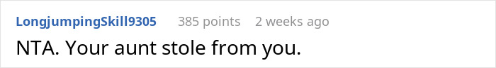 A screenshot showing a comment agreeing that the aunt stole from the family free table tradition.