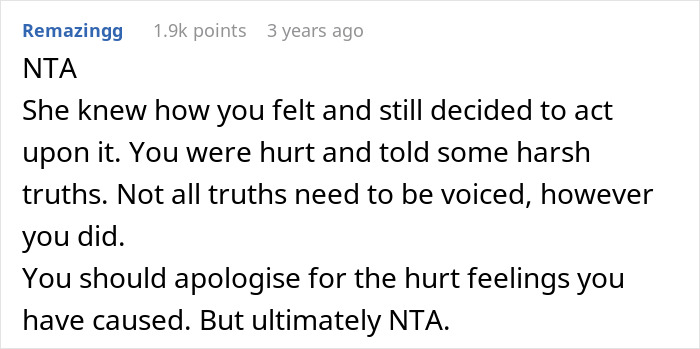 A comment stating NTA, acknowledging the best friend's awareness of feelings, and suggesting apology for hurt. A comment stating NTA, acknowledging the best friend's awareness of feelings, and suggesting apology for hurt.