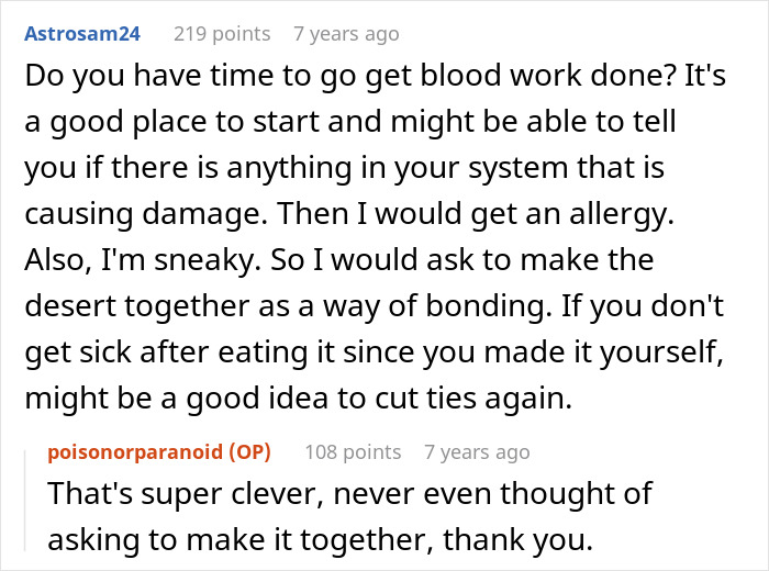 A Reddit comment advising the woman to get blood work and suggest making dessert with her dad to check for tampering.