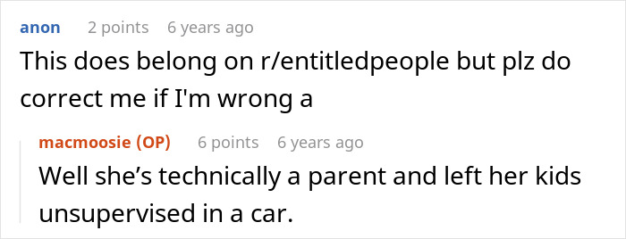 A comment suggesting the shopper's story belongs on r/entitledpeople, discussing the Karen's behavior and weapon accusation.
