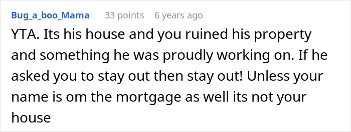 A social media comment from Bug_a_boo_Mama, stating that a woman doesn't own the house and must respect boundaries.