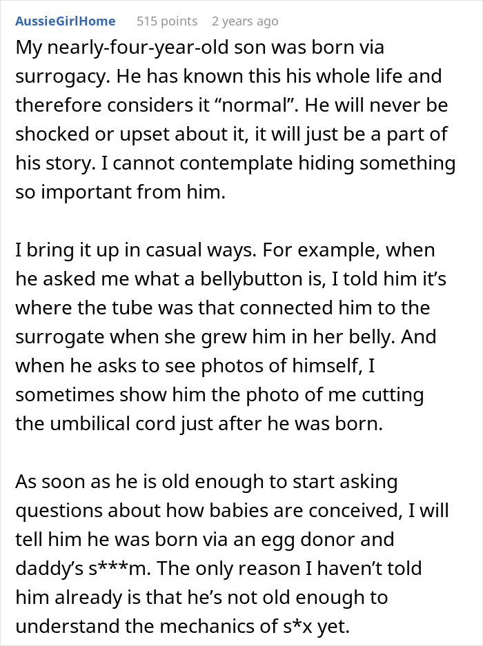 A comment from a parent about how they openly discuss their son's birth via surrogacy, helping him understand the truth. A comment from a parent about how they openly discuss their son's birth via surrogacy, helping him understand the truth.