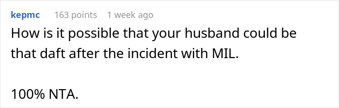 A comment about a husband's abysmal decision making and the incident with MIL, forcing wife to defend her marital bed.