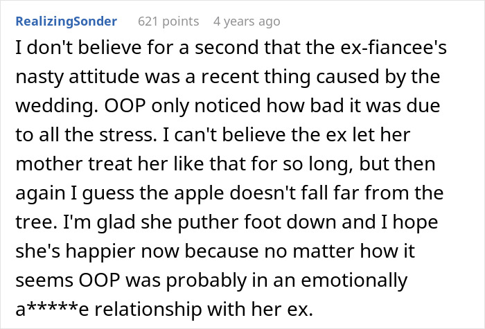 A comment discusses the ex-fiancée's attitude and the bride's realization of a bigger problem with her fiancée. A comment discusses the ex-fiancée's attitude and the bride's realization of a bigger problem with her fiancée.