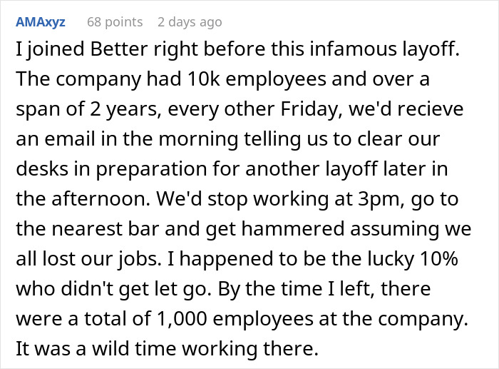 A screenshot of a Reddit comment discussing layoffs and a CEO who fired 900 workers.