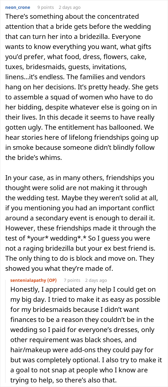 A woman loses best friends after a bachelorette date dispute, ending the friendship with hurtful messages and emotional pain. A woman loses best friends after a bachelorette date dispute, ending the friendship with hurtful messages and emotional pain.