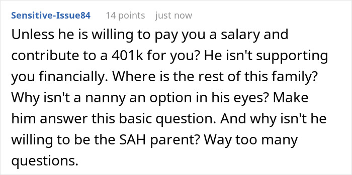 A detailed comment questioning financial support and the husband's role as a primary caregiver for his orphaned nephew. A detailed comment questioning financial support and the husband's role as a primary caregiver for his orphaned nephew.