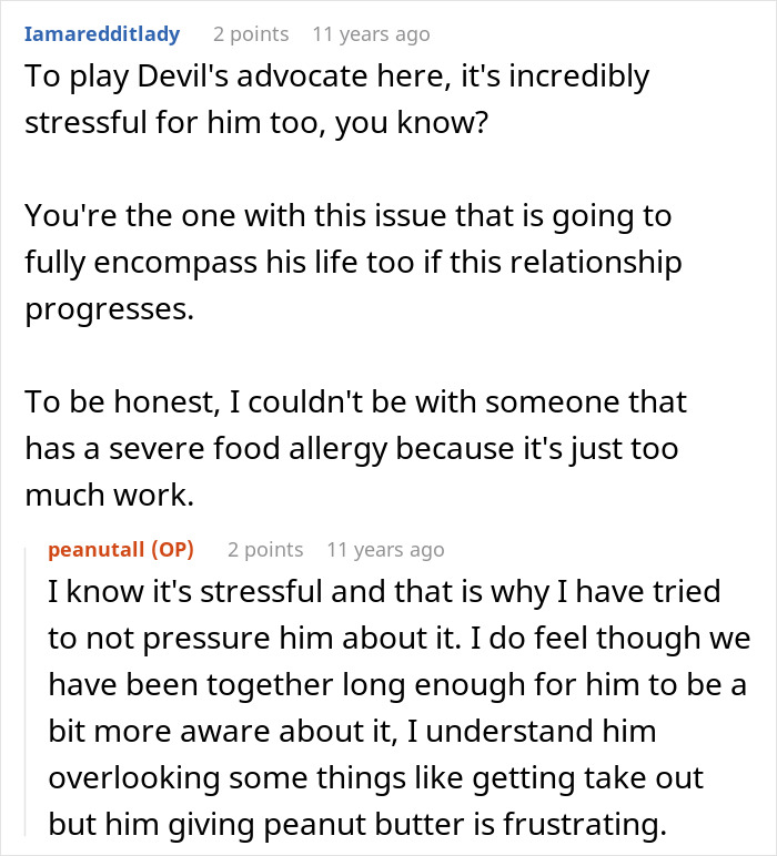 Comment discussing a woman's allergy from the boyfriend's perspective, with a reply from the original poster. Comment discussing a woman's allergy from the boyfriend's perspective, with a reply from the original poster.