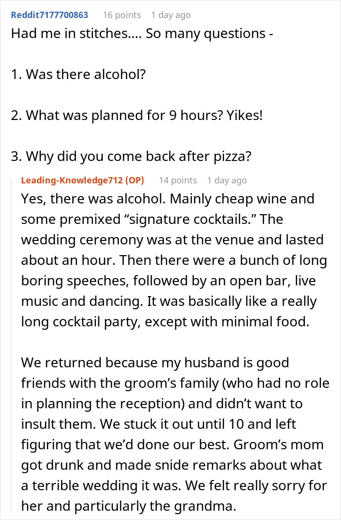 A Reddit thread detailing the wedding reception where guests were promised dinner but only served appetizers, leading to a hunger fight. A Reddit thread detailing the wedding reception where guests were promised dinner but only served appetizers, leading to a hunger fight.