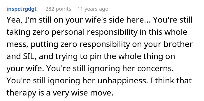 A comment discussing a wife's jealousy, personal responsibility, and ignoring concerns.