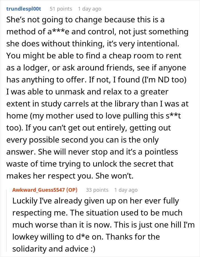 A screenshot of a Reddit comment advising the 22-year-old daughter to move out due to her controlling mom's behavior about locking the door. A screenshot of a Reddit comment advising the 22-year-old daughter to move out due to her controlling mom's behavior about locking the door.