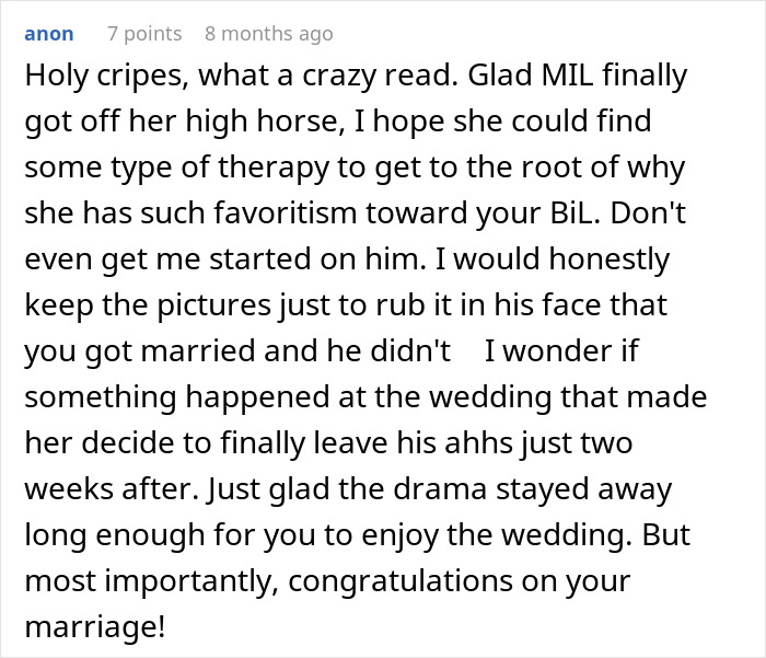 A comment on a wedding dispute about in-laws, congratulating the marriage and criticizing the mother-in-law's favoritism. A comment on a wedding dispute about in-laws, congratulating the marriage and criticizing the mother-in-law's favoritism.