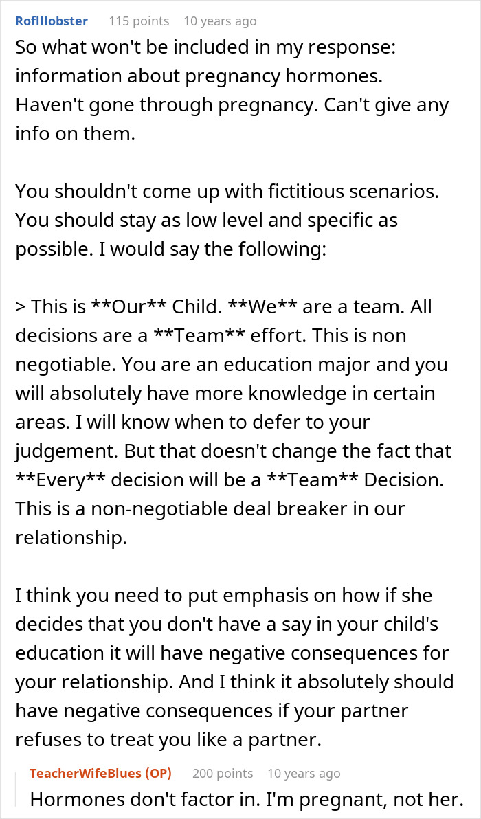 A screenshot of a forum comment advising on team effort in kid's education, and the mom's wardrobe rights.