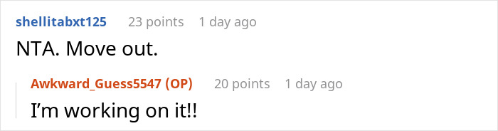 A brief Reddit exchange with advice to move out for a 22YO daughter dealing with a controlling mom. A brief Reddit exchange with advice to move out for a 22YO daughter dealing with a controlling mom.