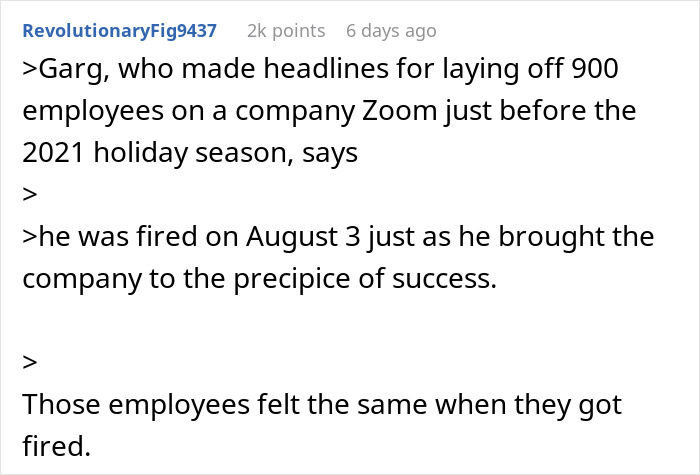A Reddit comment comparing the CEO's firing to the 900 workers he fired on Zoom.
