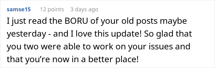 A screenshot of a Reddit comment expressing happiness about an update on a father-daughter bond story. A screenshot of a Reddit comment expressing happiness about an update on a father-daughter bond story.
