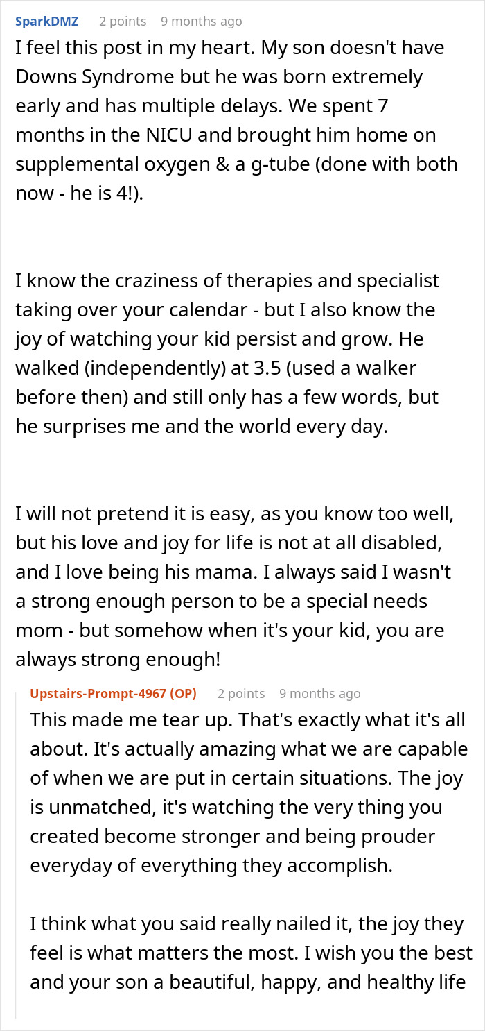 A comment about a mom's experience with a child with delays, expressing joy and pride in their growth.