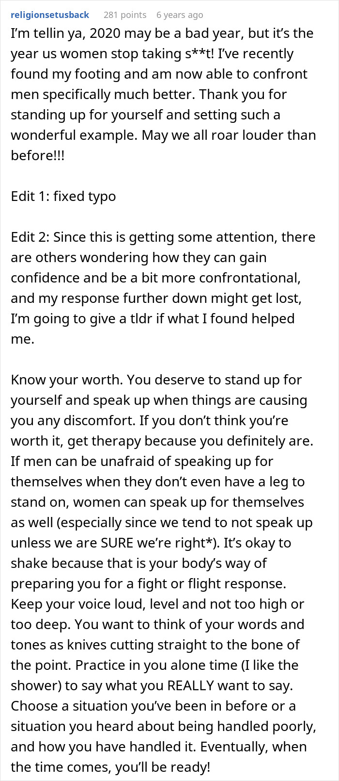 A screenshot of a Reddit comment about women speaking up against discomfort, relating to a coworker asking if shes married or single.